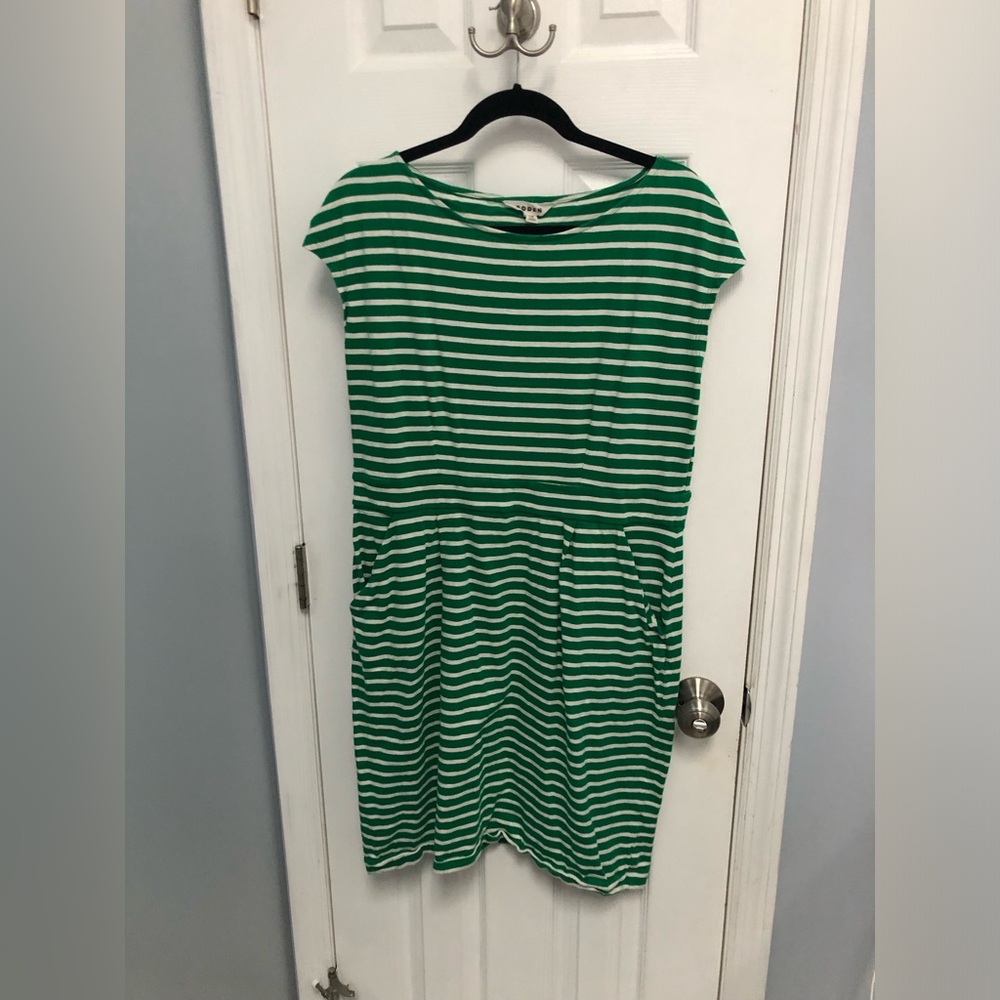 Boden Dress 14 R Green White Striped Women's Casual Tee Dress Pockets
